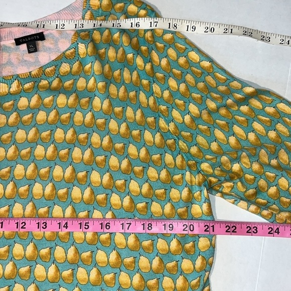Talbots Chic Button Back Teal and Yellow Pear Patterned Sweater Top Size XL - Picture 9 of 14